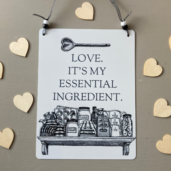 'Happy Thoughts' Metal Sign. 'Love. It's my Essential Ingredient.'